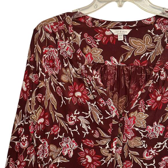 Lucky Brand Floral Border Top Womens Size 1X Burgundy V-Neck Peasant Boho Knit - Picture 2 of 7